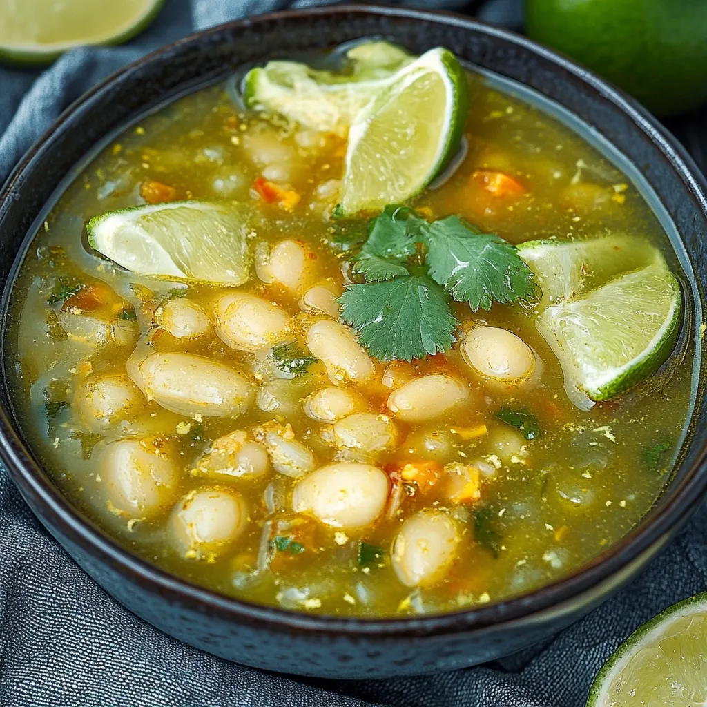 Bowl of green chili chicken soup garnished with cilantro and avocado