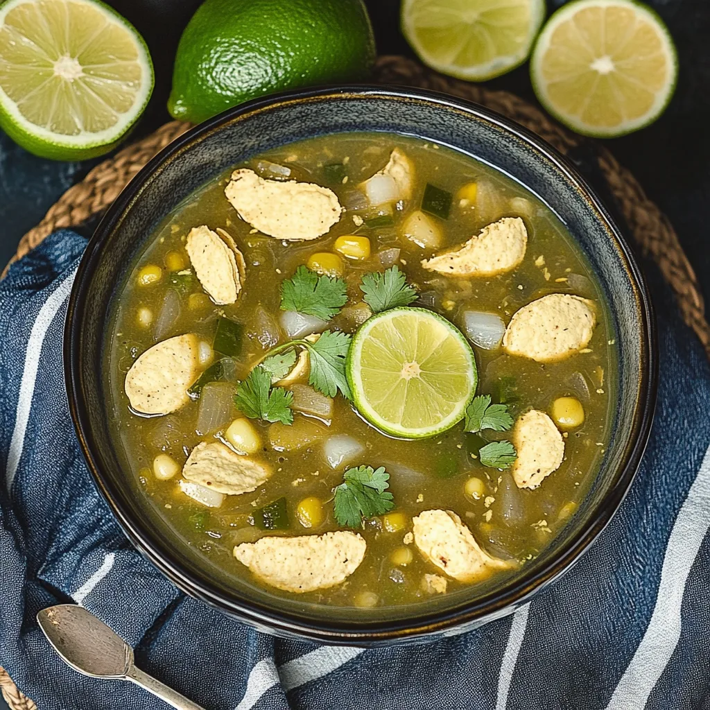 Bowl of green chili chicken soup garnished with cilantro and avocado