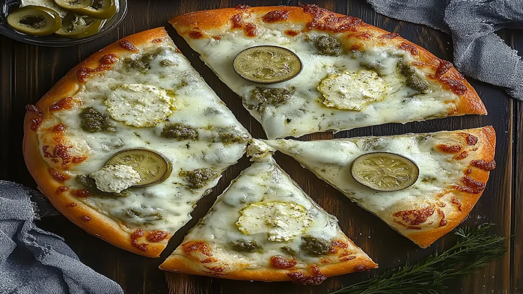 Sliced pickle pie pizza on a wooden board