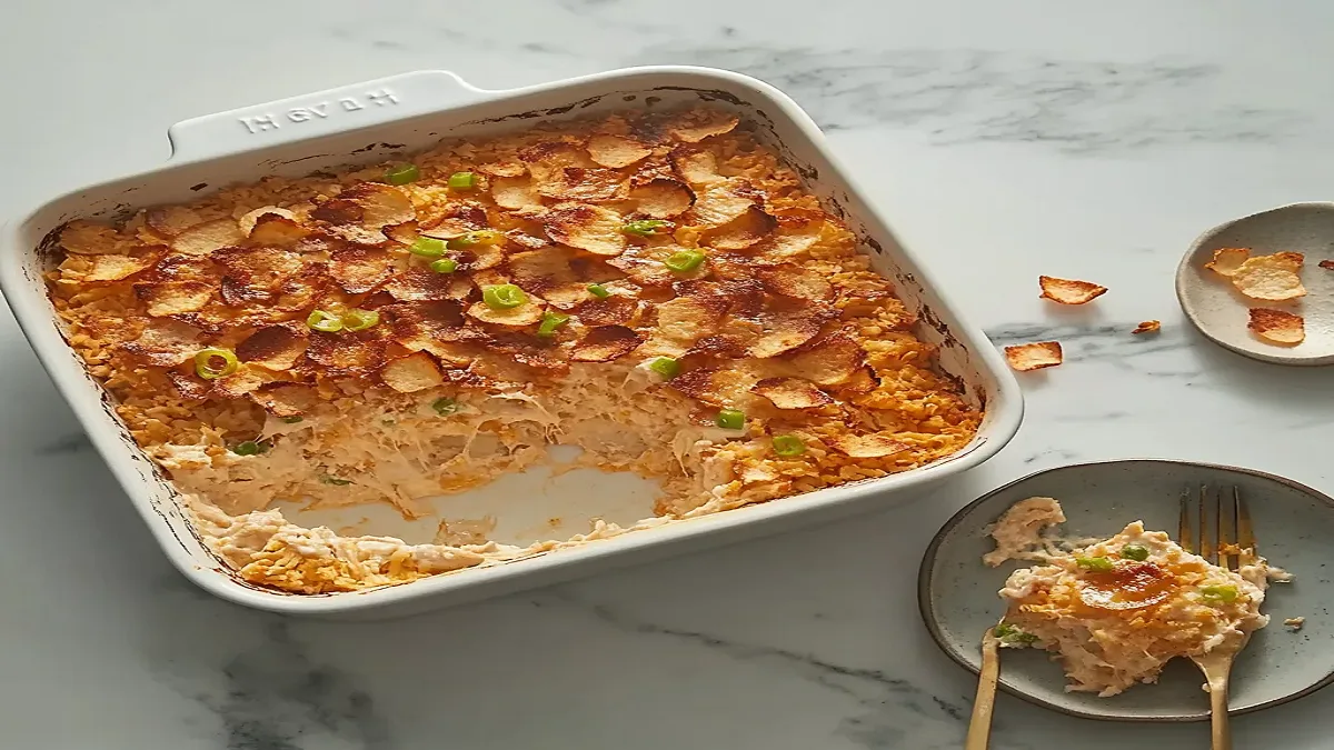 Million Dollar Chicken Casserole topped with melted cheese and a crispy cracker crust