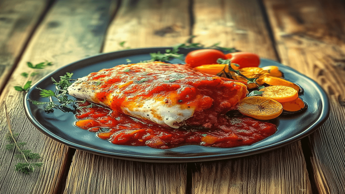 Halibut in marinara sauce served with fresh herbs