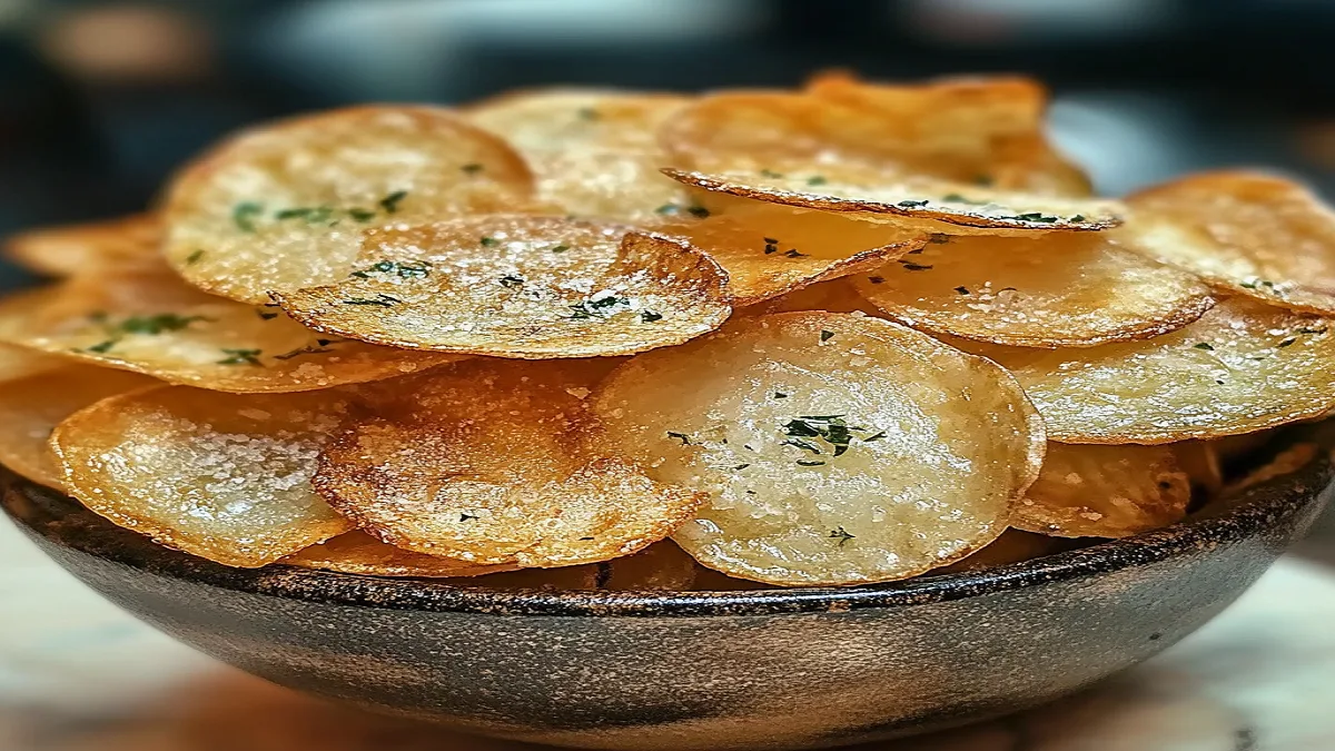 Crispy homemade salt and vinegar chips on a white plate.