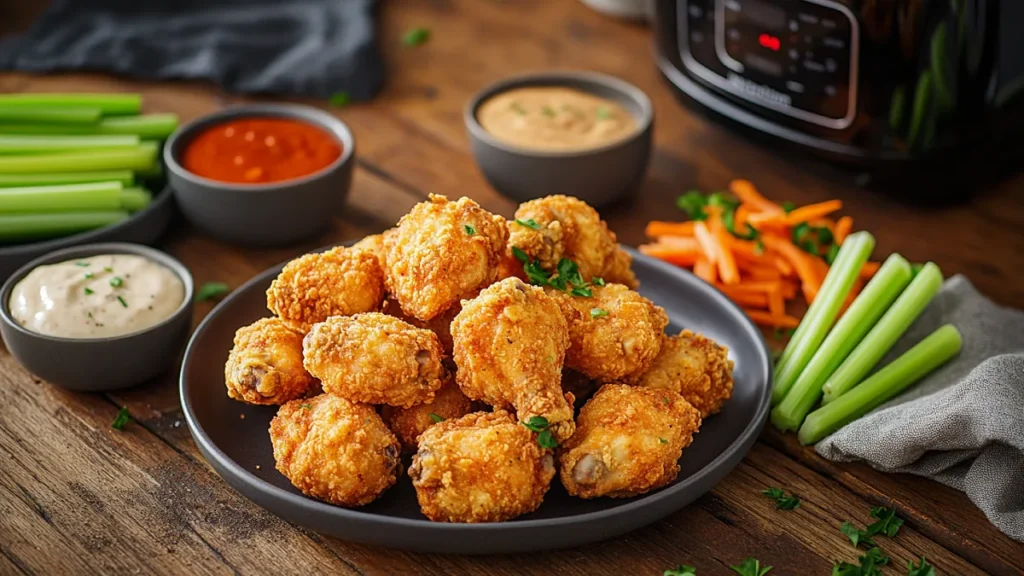 Golden crispy chicken wings served with dipping sauces and fresh vegetables on a rustic wooden table.