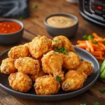 Golden crispy chicken wings served with dipping sauces and fresh vegetables on a rustic wooden table.