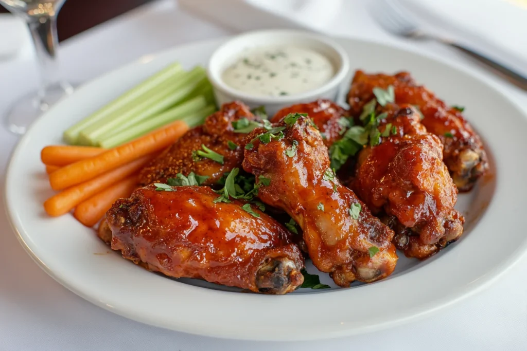  Air-fried chicken wings tossed in buffalo sauce with fresh vegetables and ranch dressing on a serving plate.