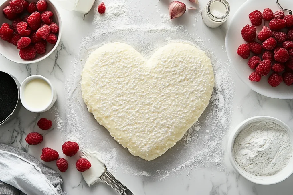 The process of baking a heart-shaped cake with ingredients and baking tools.