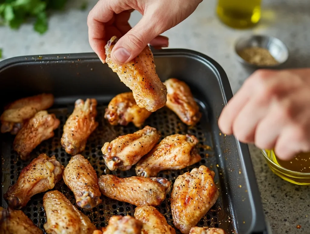 Hands placing frozen chicken wings into an air fryer basket with seasonings nearby.